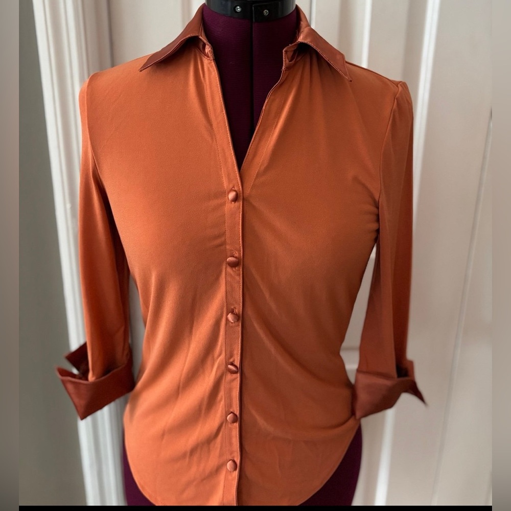 Silky Blouse with Satin Collar, Cuffs & Buttons. 3/4 Sleeves Vintage Limited XS